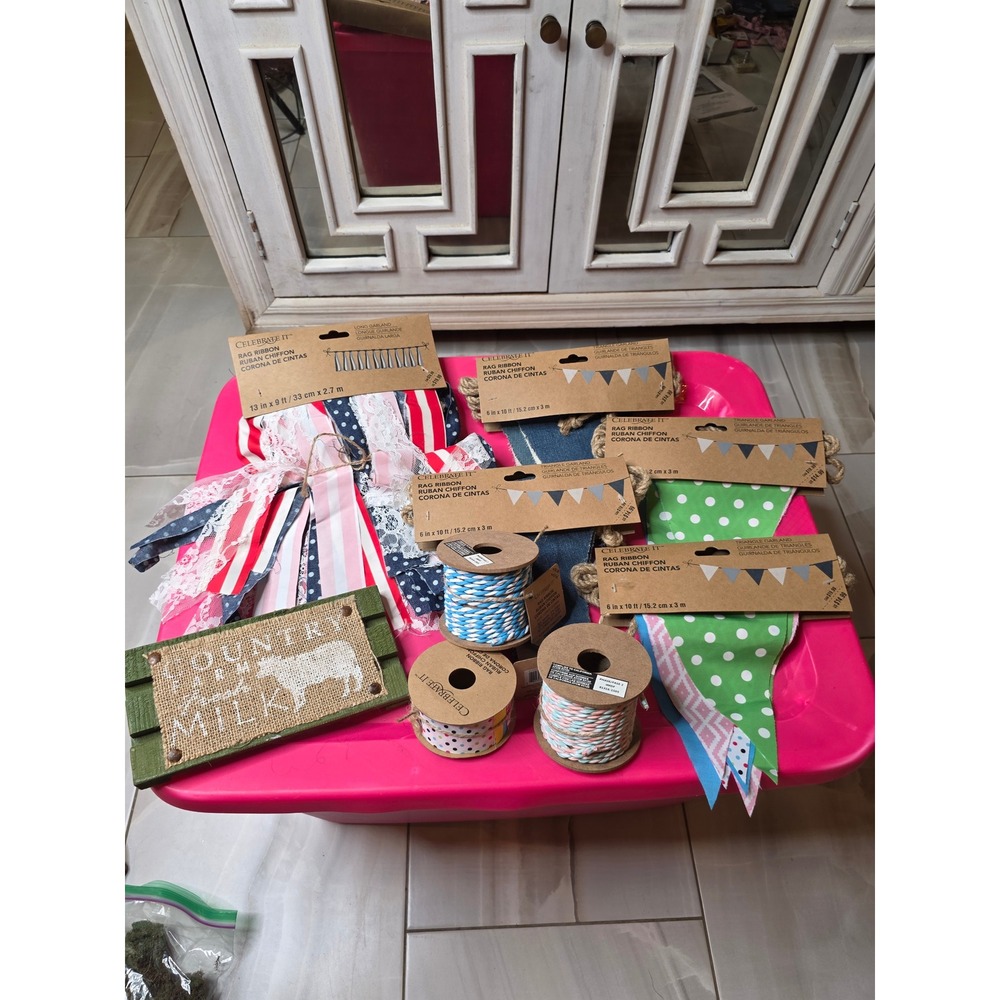 Celebrate It Rag Ribbon Garland Twine Lot Farmhouse Country Fresh Milk Sign NEW